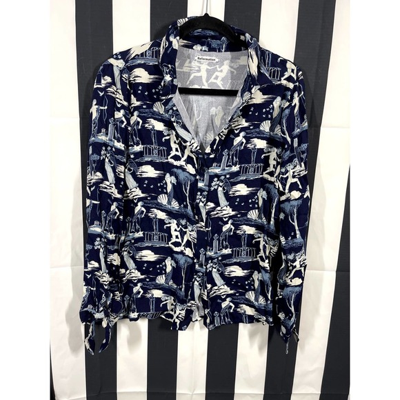 Reformation Corinne Button Up Printed Shirt Grecian Delphi Size L - Picture 3 of 10